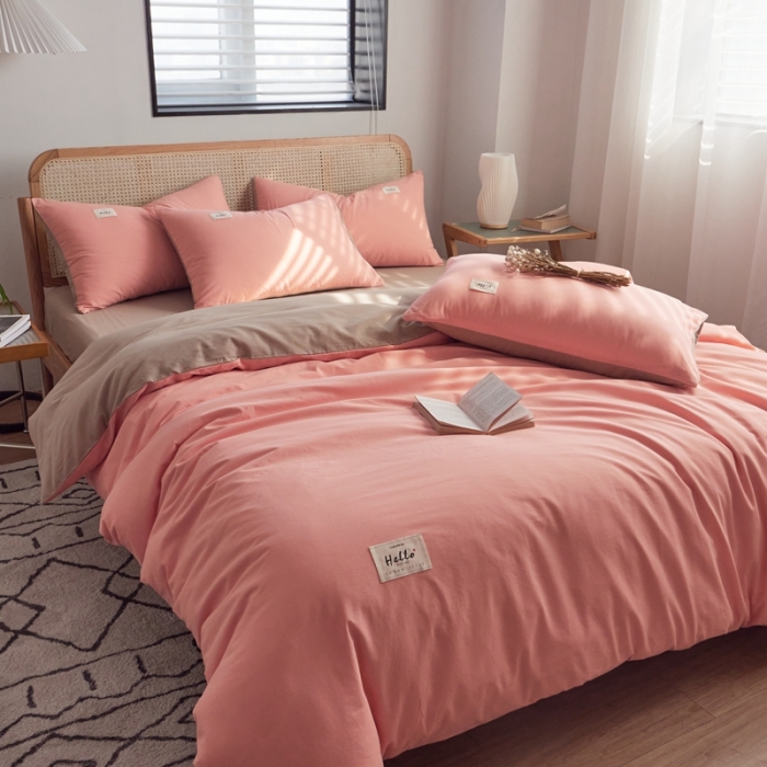 91家纺网 家纺一手货源 找家纺 AB家纺 2022新款全棉水洗棉四件套 粉卡其