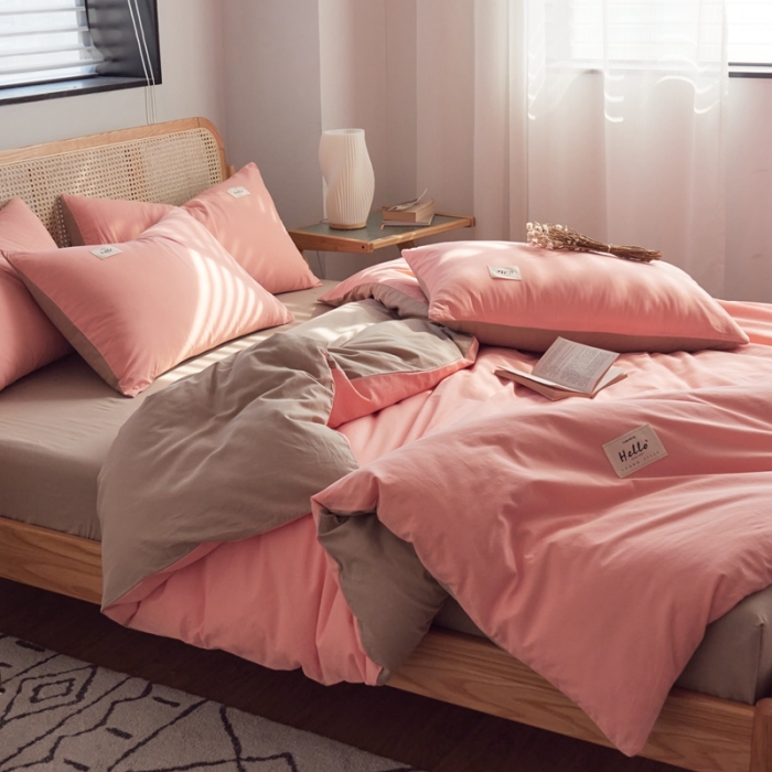 91家纺网 家纺一手货源 找家纺 AB家纺 2022新款全棉水洗棉四件套 粉卡其