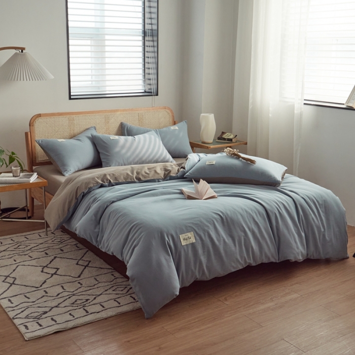 91家纺网 家纺一手货源 找家纺 AB家纺 2022新款全棉水洗棉四件套 浅蓝灰