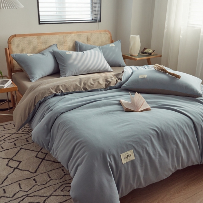 91家纺网 家纺一手货源 找家纺 AB家纺 2022新款全棉水洗棉四件套 浅蓝灰