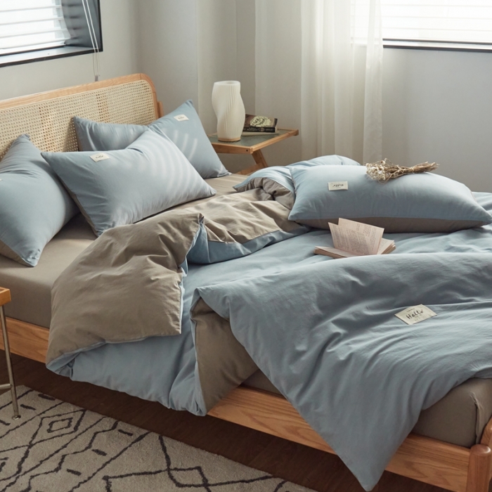 91家纺网 家纺一手货源 找家纺 AB家纺 2022新款全棉水洗棉四件套 浅蓝灰
