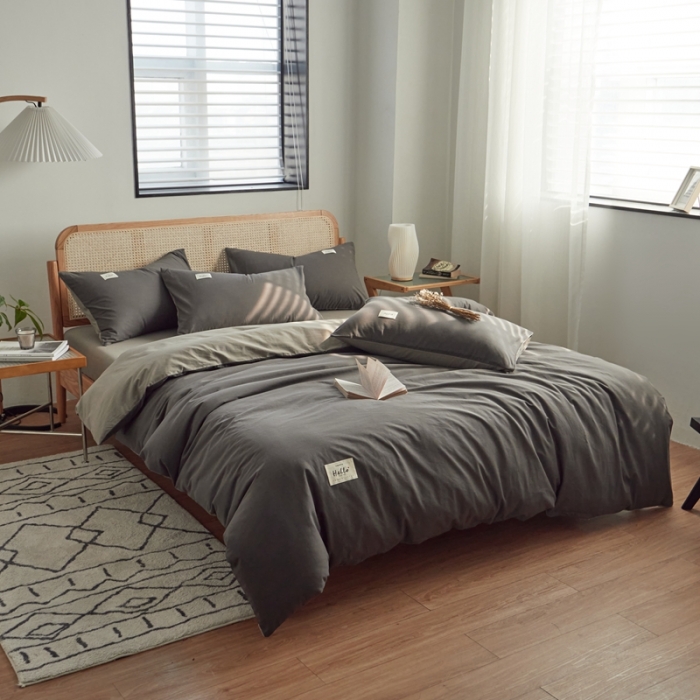 91家纺网 家纺一手货源 找家纺 AB家纺 2022新款全棉水洗棉四件套 深灰浅灰