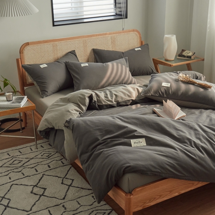 91家纺网 家纺一手货源 找家纺 AB家纺 2022新款全棉水洗棉四件套 深灰浅灰