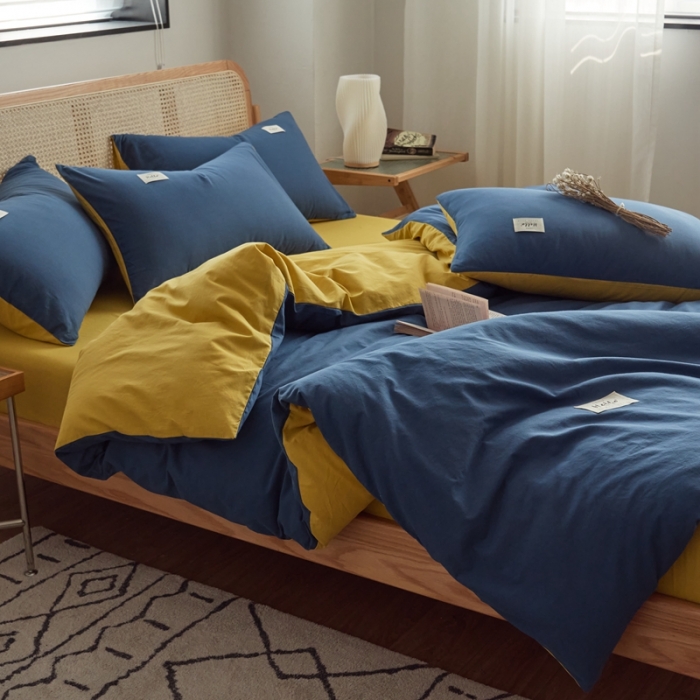 91家纺网 家纺一手货源 找家纺 AB家纺 2022新款全棉水洗棉四件套 蔚蓝黄