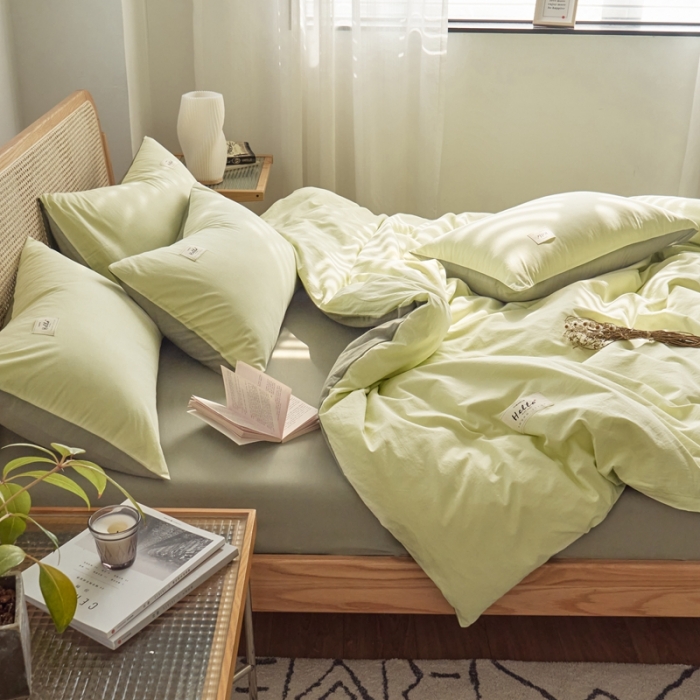 91家纺网 家纺一手货源 找家纺 AB家纺 2022新款全棉水洗棉四件套 荧光绿-深绿