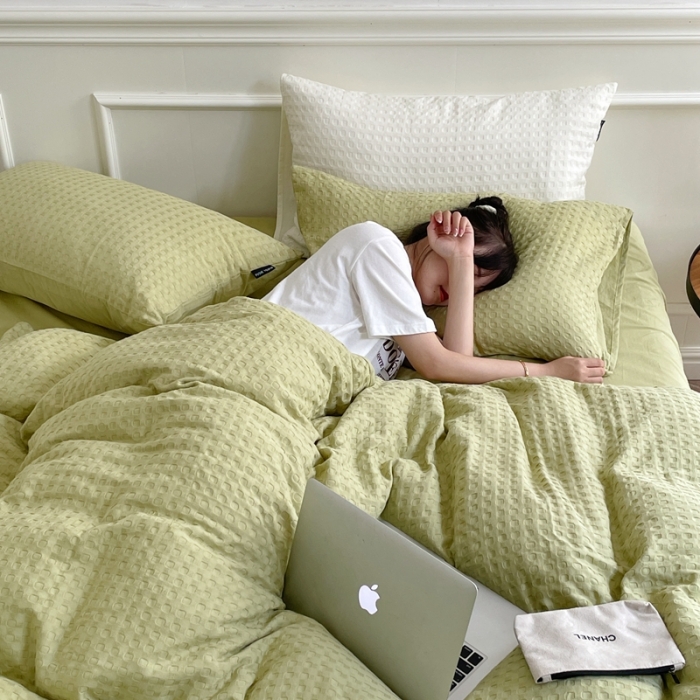 91家纺网 家纺一手货源 找家纺 梦享生活家居 2022新款华夫格四件套 茶绿