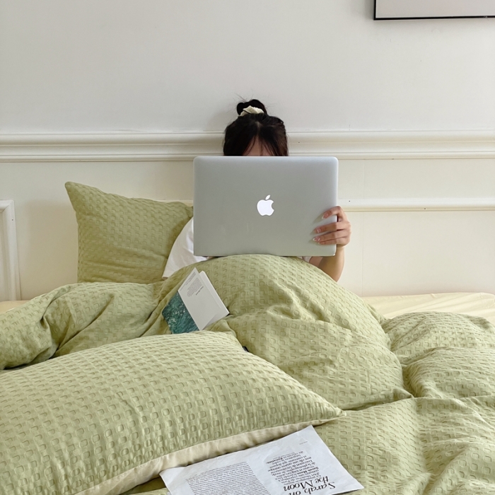 91家纺网 家纺一手货源 找家纺 梦享生活家居 2022新款华夫格四件套 茶绿双拼