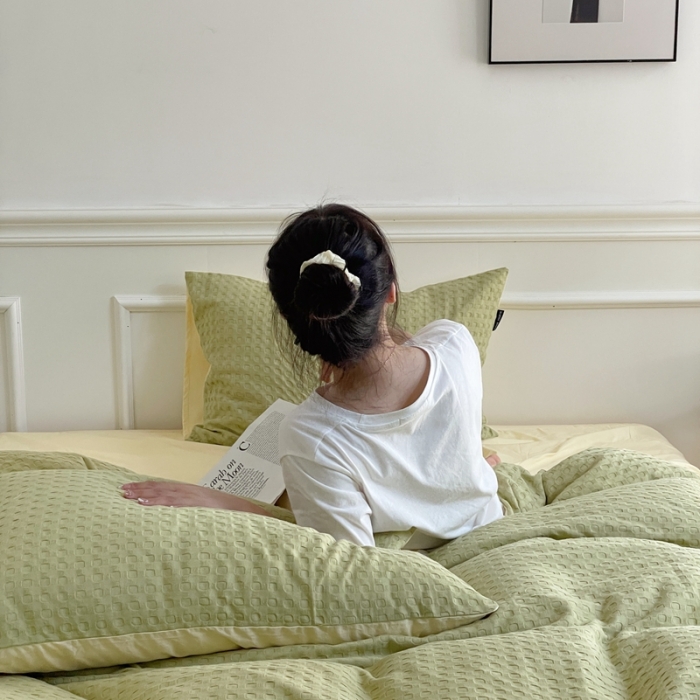 91家纺网 家纺一手货源 找家纺 梦享生活家居 2022新款华夫格四件套 茶绿双拼