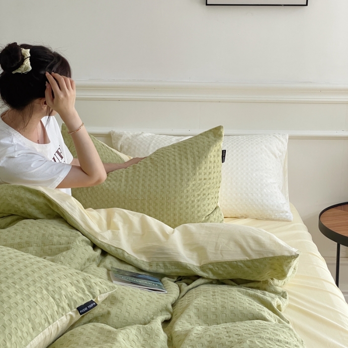 91家纺网 家纺一手货源 找家纺 梦享生活家居 2022新款华夫格四件套 茶绿双拼