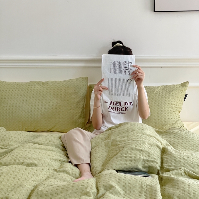 91家纺网 家纺一手货源 找家纺 梦享生活家居 2022新款华夫格四件套 茶绿双拼