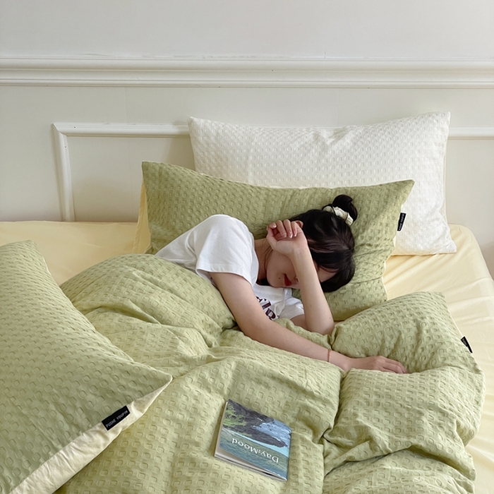 91家纺网 家纺一手货源 找家纺 梦享生活家居 2022新款华夫格四件套 茶绿双拼