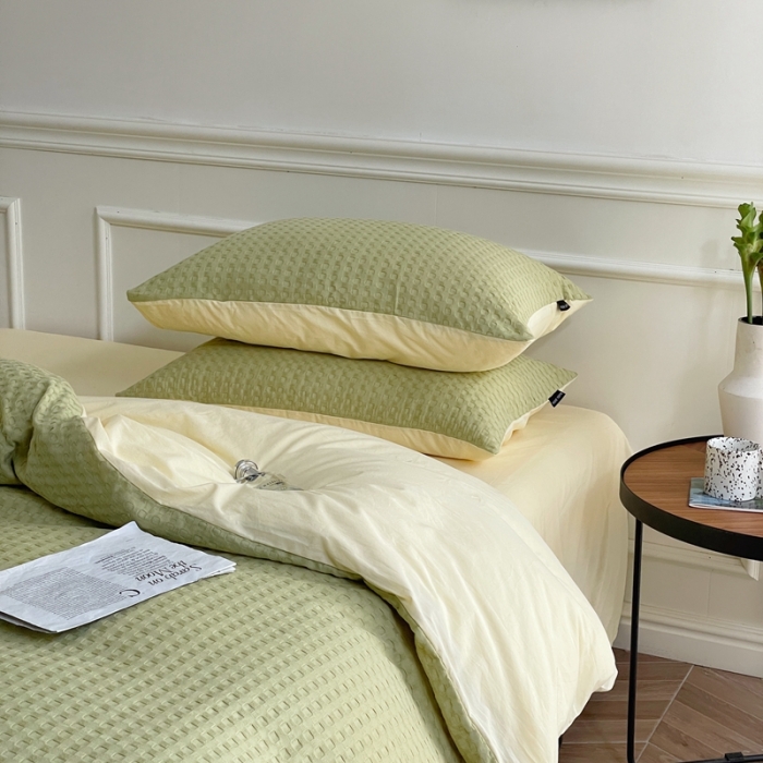 91家纺网 家纺一手货源 找家纺 梦享生活家居 2022新款华夫格四件套 茶绿双拼