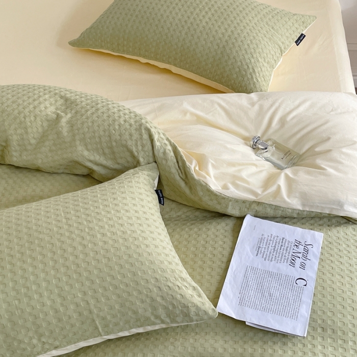 91家纺网 家纺一手货源 找家纺 梦享生活家居 2022新款华夫格四件套 茶绿双拼