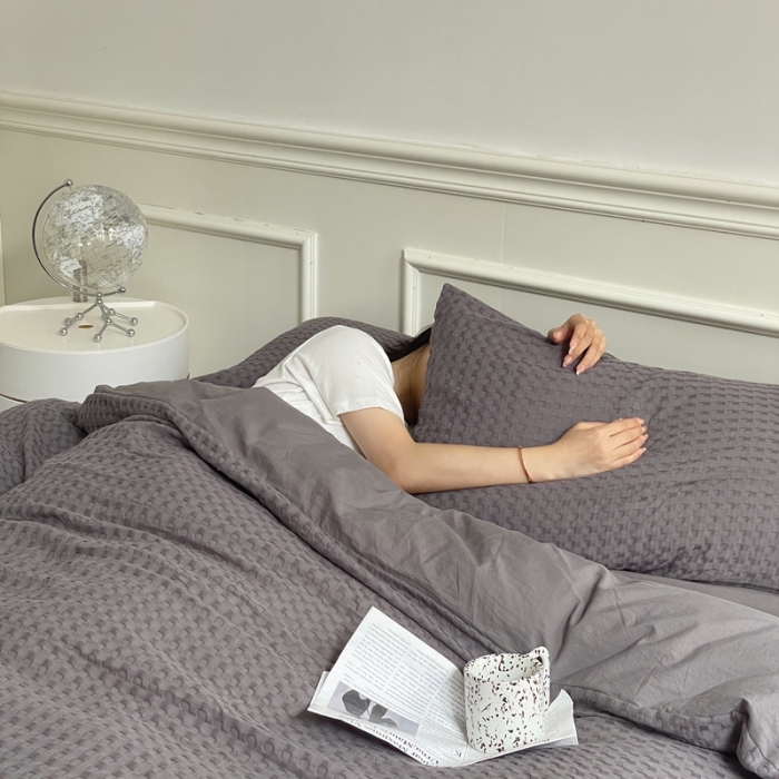 91家纺网 家纺一手货源 找家纺 梦享生活家居 2022新款华夫格四件套 经典灰