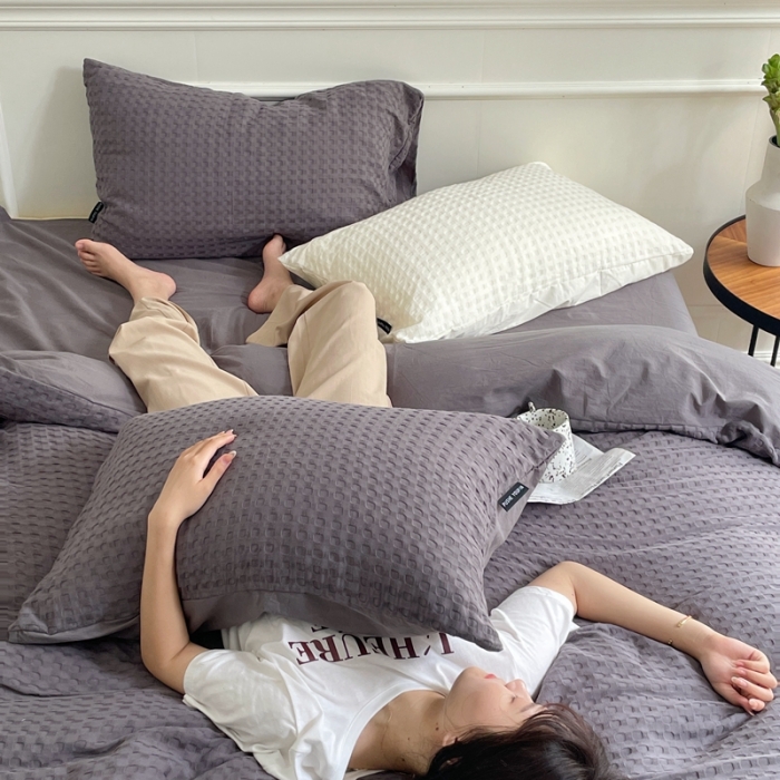 91家纺网 家纺一手货源 找家纺 梦享生活家居 2022新款华夫格四件套 经典灰