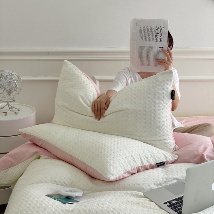 91家纺网 家纺一手货源 找家纺 梦享生活家居 2022新款华夫格四件套 奶昔双拼水粉