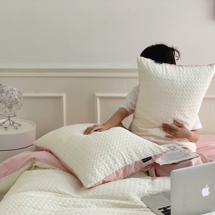 91家纺网 家纺一手货源 找家纺 梦享生活家居 2022新款华夫格四件套 奶昔双拼水粉