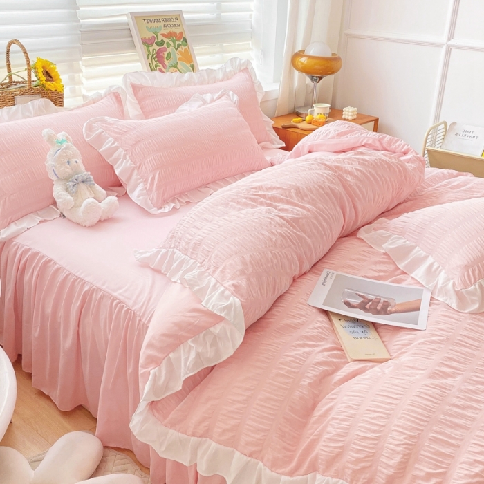 91家纺网 家纺一手货源 找家纺 慕澄家纺 2022新款韩版泡泡纱花边四件套（手机实拍） 公主粉