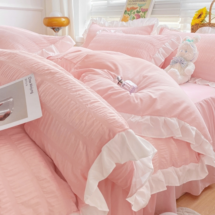 91家纺网 家纺一手货源 找家纺 慕澄家纺 2022新款韩版泡泡纱花边四件套（手机实拍） 公主粉