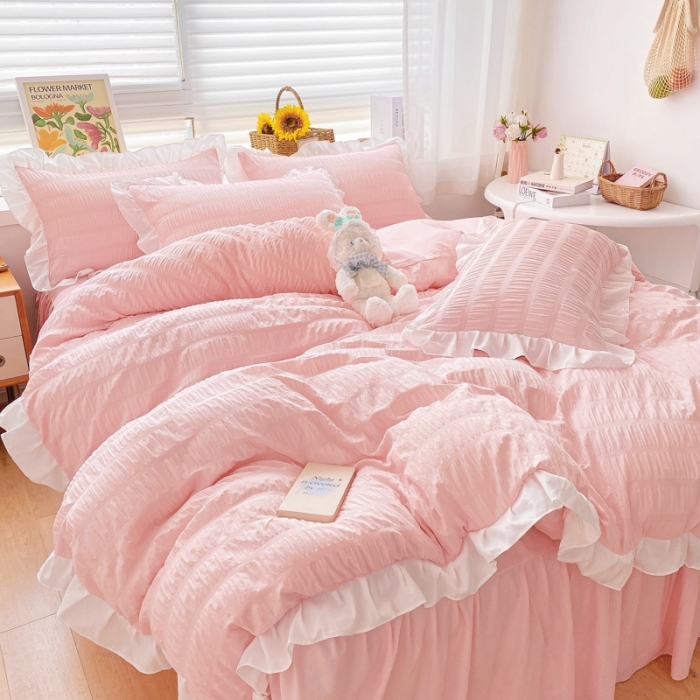 91家纺网 家纺一手货源 找家纺 慕澄家纺 2022新款韩版泡泡纱花边四件套（手机实拍） 公主粉