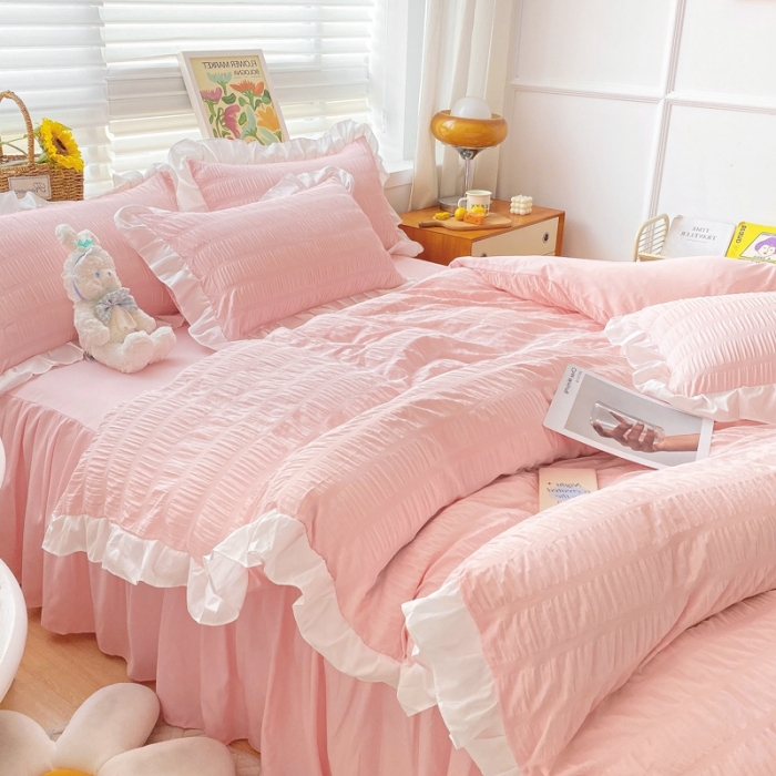 91家纺网 家纺一手货源 找家纺 慕澄家纺 2022新款韩版泡泡纱花边四件套（手机实拍） 公主粉