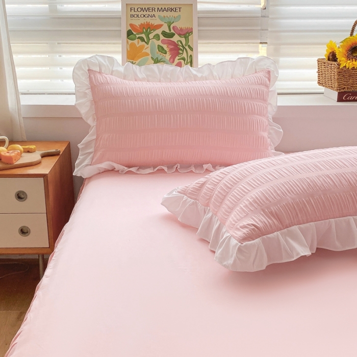 91家纺网 家纺一手货源 找家纺 慕澄家纺 2022新款韩版泡泡纱花边四件套（手机实拍） 公主粉