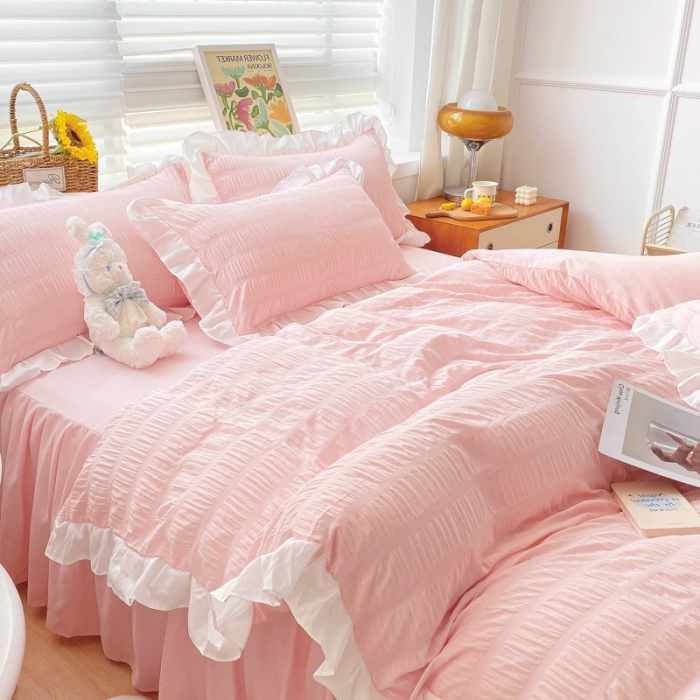 91家纺网 家纺一手货源 找家纺 慕澄家纺 2022新款韩版泡泡纱花边四件套（手机实拍） 公主粉