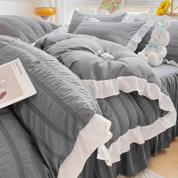 91家纺网 家纺一手货源 找家纺 慕澄家纺 2022新款韩版泡泡纱花边四件套（手机实拍） 极致灰