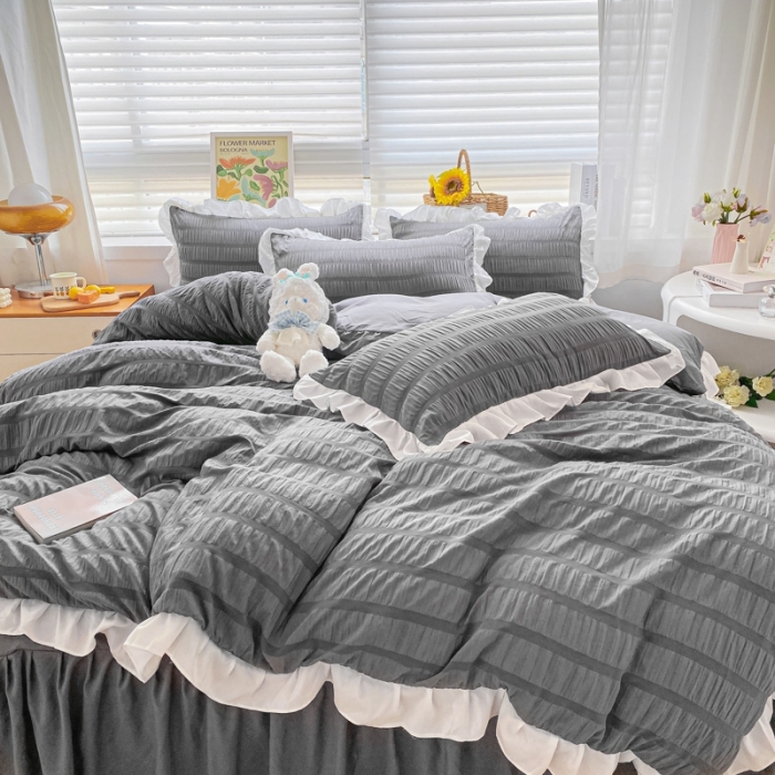 91家纺网 家纺一手货源 找家纺 慕澄家纺 2022新款韩版泡泡纱花边四件套（手机实拍） 极致灰