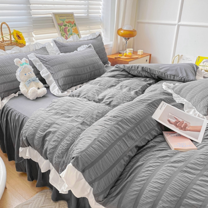 91家纺网 家纺一手货源 找家纺 慕澄家纺 2022新款韩版泡泡纱花边四件套（手机实拍） 极致灰