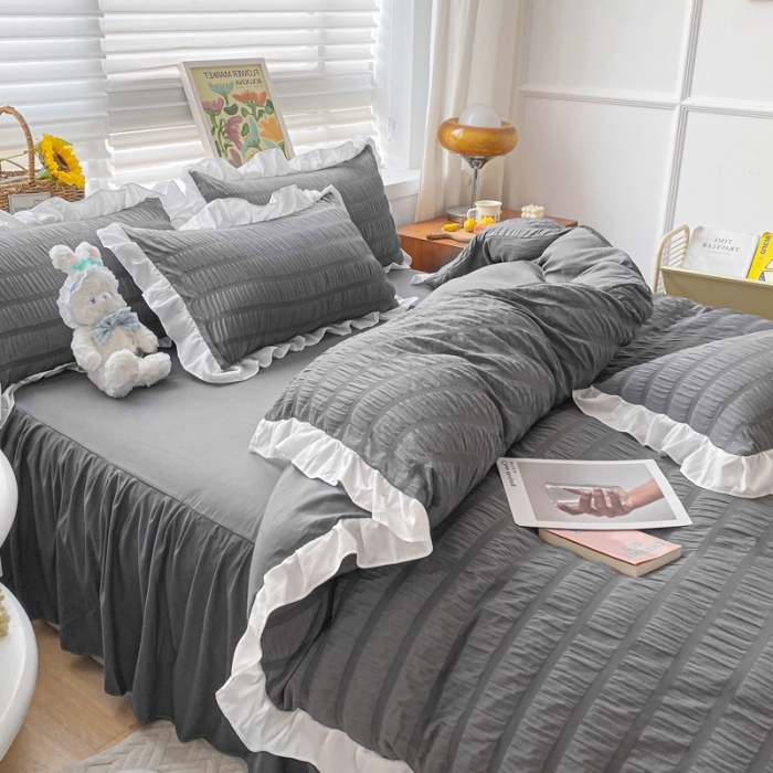 91家纺网 家纺一手货源 找家纺 慕澄家纺 2022新款韩版泡泡纱花边四件套（手机实拍） 极致灰