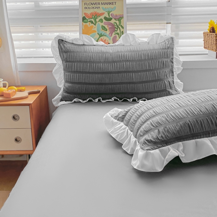 91家纺网 家纺一手货源 找家纺 慕澄家纺 2022新款韩版泡泡纱花边四件套（手机实拍） 极致灰