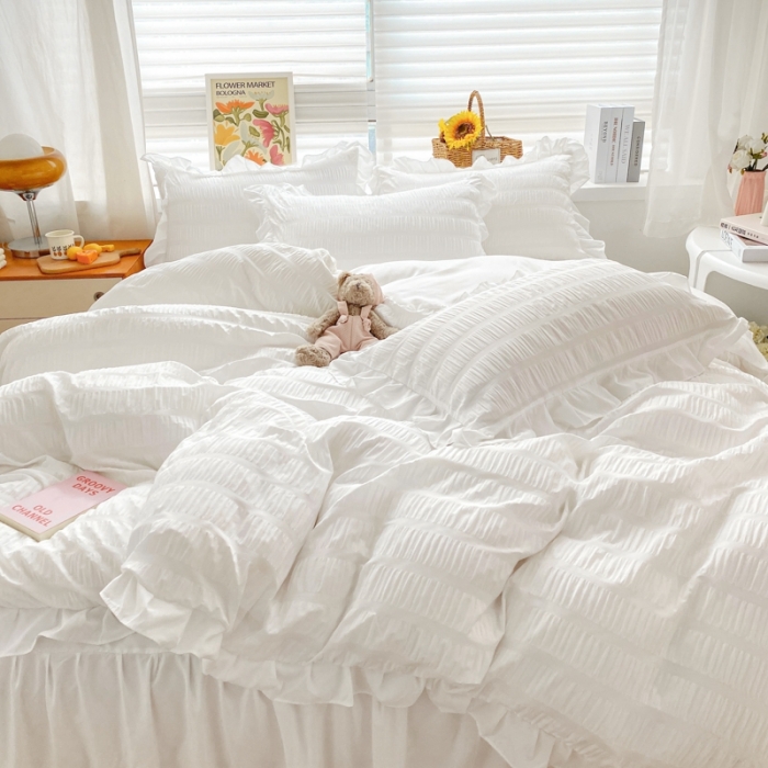 91家纺网 家纺一手货源 找家纺 慕澄家纺 2022新款韩版泡泡纱花边四件套（手机实拍） 梨花白