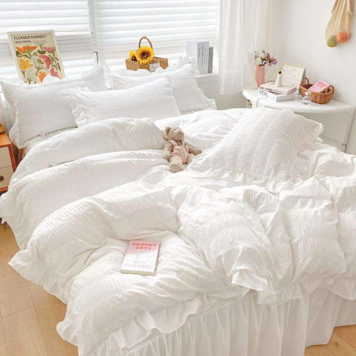 91家纺网 家纺一手货源 找家纺 慕澄家纺 2022新款韩版泡泡纱花边四件套（手机实拍） 梨花白