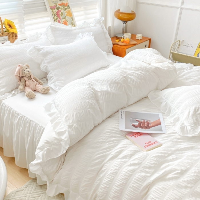 91家纺网 家纺一手货源 找家纺 慕澄家纺 2022新款韩版泡泡纱花边四件套（手机实拍） 梨花白