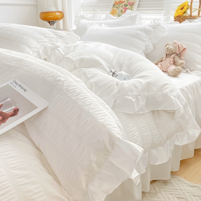 91家纺网 家纺一手货源 找家纺 慕澄家纺 2022新款韩版泡泡纱花边四件套（手机实拍） 梨花白