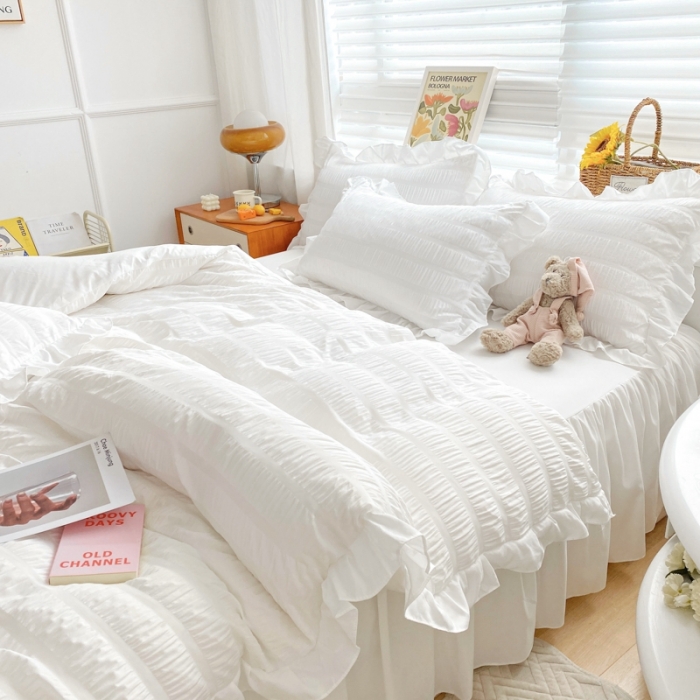 91家纺网 家纺一手货源 找家纺 慕澄家纺 2022新款韩版泡泡纱花边四件套（手机实拍） 梨花白