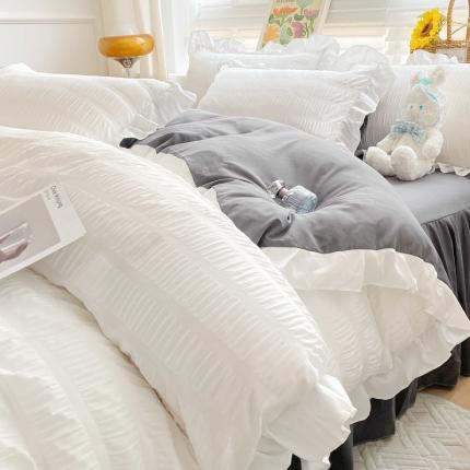 慕澄家纺 2022新款韩版泡泡纱花边四件套（手机实拍） 梨花白+灰