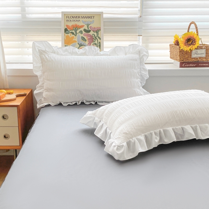 91家纺网 家纺一手货源 找家纺 慕澄家纺 2022新款韩版泡泡纱花边四件套（手机实拍） 梨花白+灰