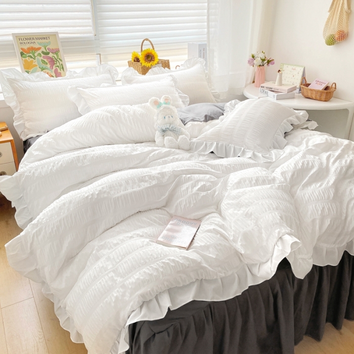 91家纺网 家纺一手货源 找家纺 慕澄家纺 2022新款韩版泡泡纱花边四件套（手机实拍） 梨花白+灰