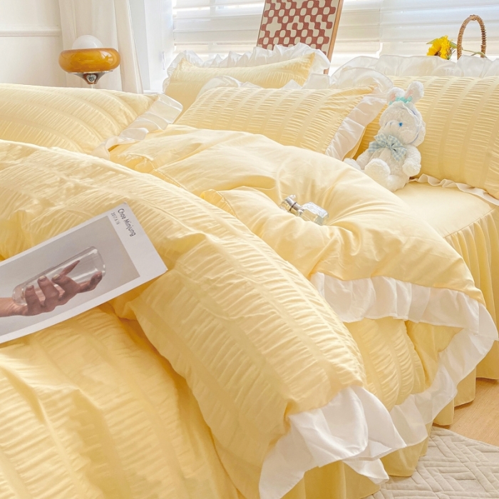 91家纺网 家纺一手货源 找家纺 慕澄家纺 2022新款韩版泡泡纱花边四件套（手机实拍） 奶油黄
