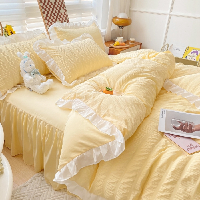 91家纺网 家纺一手货源 找家纺 慕澄家纺 2022新款韩版泡泡纱花边四件套（手机实拍） 奶油黄