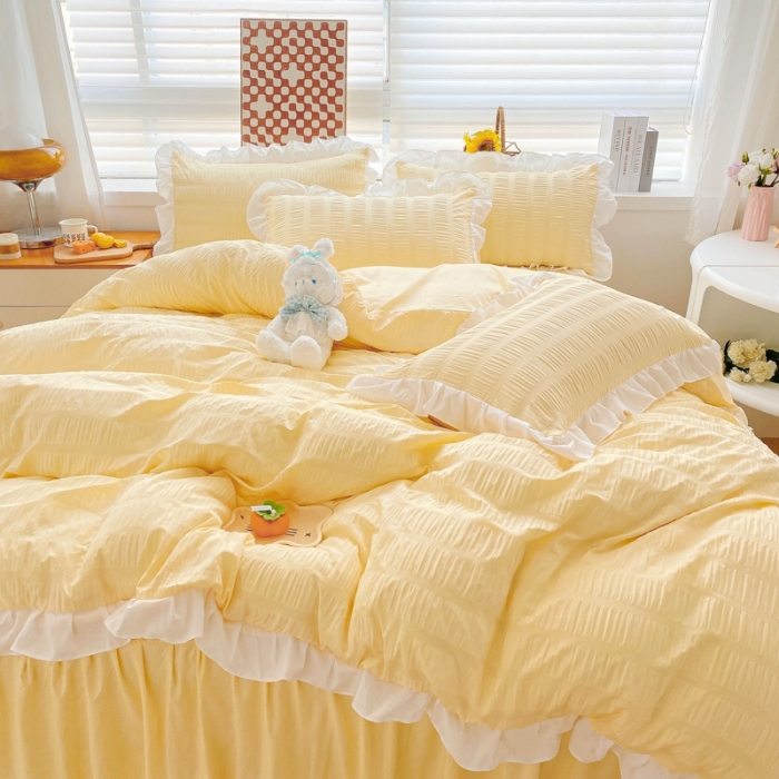 91家纺网 家纺一手货源 找家纺 慕澄家纺 2022新款韩版泡泡纱花边四件套（手机实拍） 奶油黄