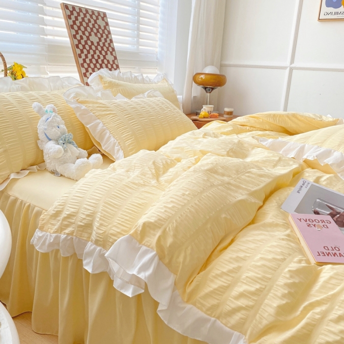 91家纺网 家纺一手货源 找家纺 慕澄家纺 2022新款韩版泡泡纱花边四件套（手机实拍） 奶油黄