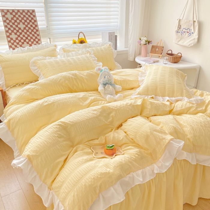 91家纺网 家纺一手货源 找家纺 慕澄家纺 2022新款韩版泡泡纱花边四件套（手机实拍） 奶油黄