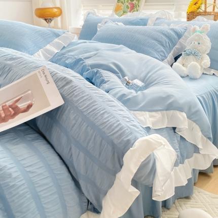 慕澄家纺 2022新款韩版泡泡纱花边四件套（手机实拍） 宁静蓝