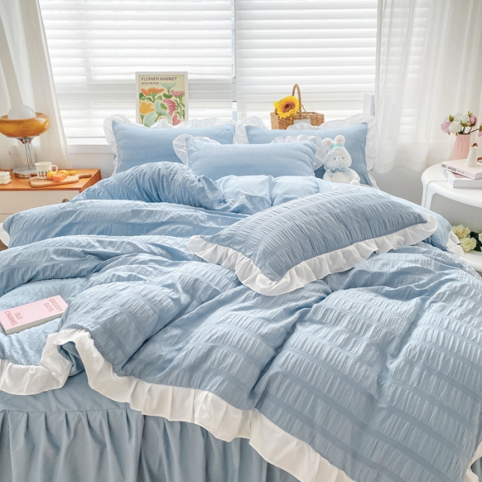 91家纺网 家纺一手货源 找家纺 慕澄家纺 2022新款韩版泡泡纱花边四件套（手机实拍） 宁静蓝