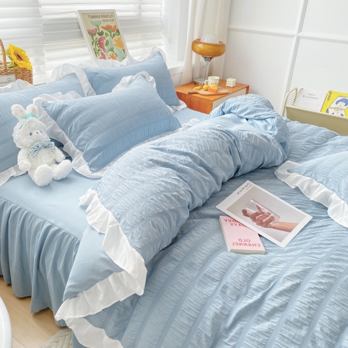 91家纺网 家纺一手货源 找家纺 慕澄家纺 2022新款韩版泡泡纱花边四件套（手机实拍） 宁静蓝