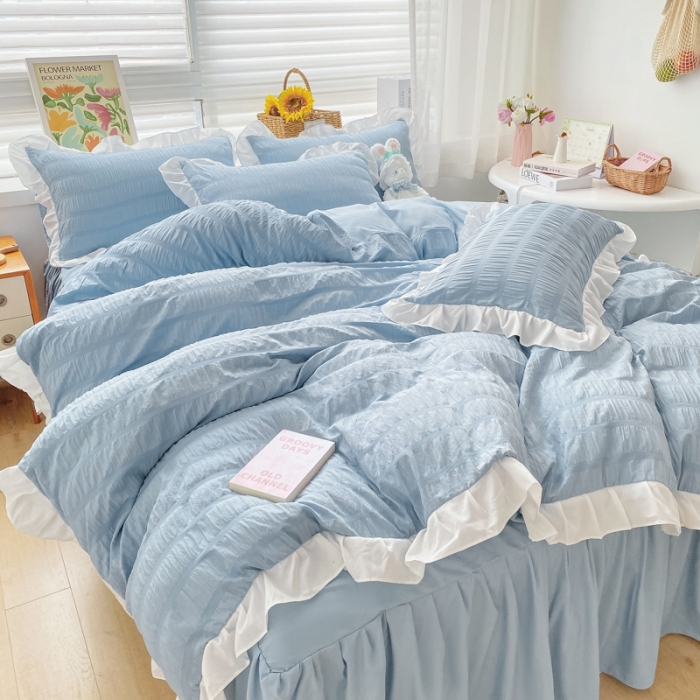 91家纺网 家纺一手货源 找家纺 慕澄家纺 2022新款韩版泡泡纱花边四件套（手机实拍） 宁静蓝