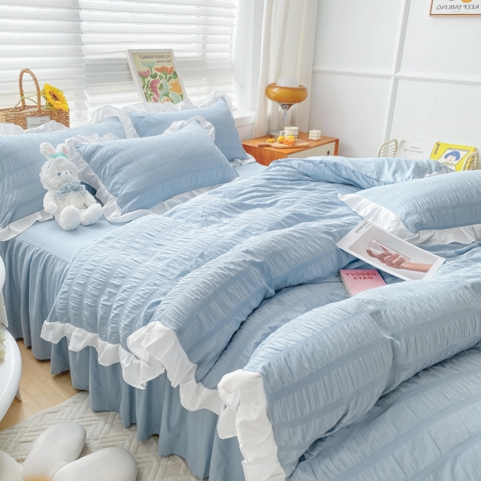 91家纺网 家纺一手货源 找家纺 慕澄家纺 2022新款韩版泡泡纱花边四件套（手机实拍） 宁静蓝